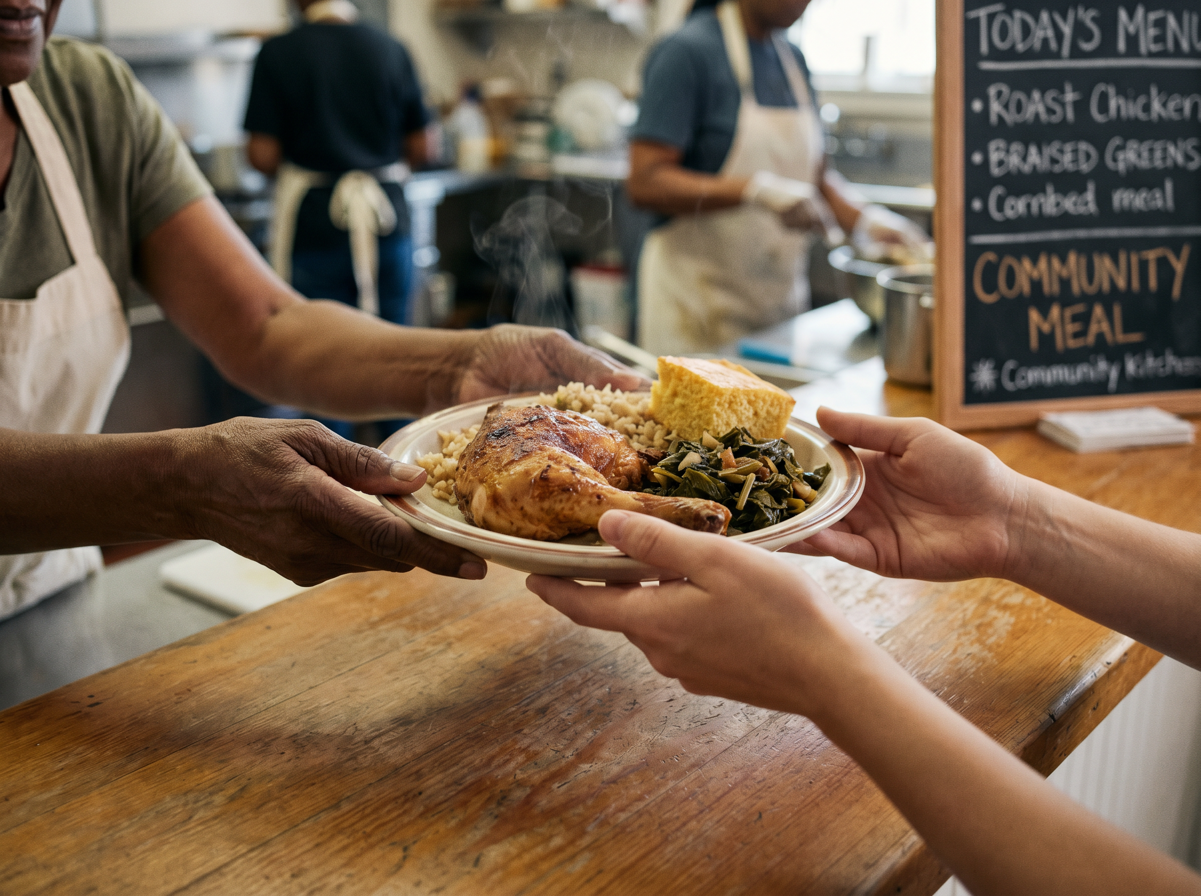 Hot meals being prepared and served at the KNDC Saturday pantry